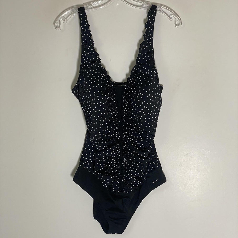 Lascana Swimsuit One Piece Womens 16 Black Polka Dot Ruched Ruffle Swimwear